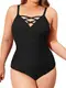 CUPSHE Damen Große Größen Badeanzug V Ausschnitt Zierband Bauchweg Raffungen Slim Einteiler Plus Size Bademode Swimsuit Schwarz XXXL