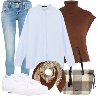 Outfit mit Hellblau/Blau Blusenbody/Bluse Mit Knopf/Bluse mit Stehkragen/Business Bluse/Langarmbluse/Bügelfreie Bluse/Oversize Bluse/Schlupfbluse/Einfarbige Bluse/Businesshemd/Casual Hemd/Business Hemd/Bügelfreies Hemd/Hemdbluse someday "Schickes Herbst Outfit"