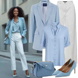 Dámské outfity do práce Business, Ležérní Léto s Tmavě modrá/Modrá/Světle modrá/Šedá Boyfriend Sako/Kostkované Sako/Kordové Sako/Oversize Sako/Dámský Potištěný Sako/Tvídové Sako Trendyol, Bílá Marlene Kalhoty/Palazzo Kalhoty/Kalhoty se Štěrbinou/Plisovaná Kalhoty/Plisovaná kalhoty/Široká Kalhoty millane "Firemní vzhled"Look: Nadrozměrné, Chytrý příležitostný, Business, Námořní, Kancelář, Klasické, Elegantní, Old Money, Příliš oblečený, Traditional