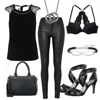 Party Outfits mit Schwarz/Weiß Lederjacke/Lederimitathose/Lederlegging/Leggings Lederoptik/Lederhose/Skinny Hose/Treggings/Biker Jeans/Thermojeans Vila "BlackSoul"