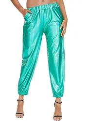 Zaxicht Damen Metallic Shinny Pants, Casual Holographic Jogger Sweatpants Punk Hip Hop Hosen Streetwear, cyan, M