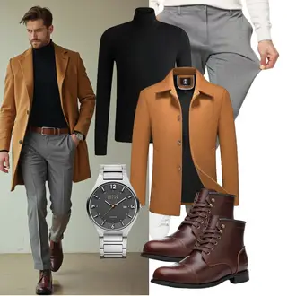 Winter Outfit mit Braun/Dunkelrot/Dunkelbraun/Rot Vintage Stiefelette/Gefütterte Stiefelette/Leder Stiefelette/Springerstiefel/Reitstiefel/Schnürstiefelette/Rahmengenähter Schuh/Klassischer Stiefel SL-Saint "Business Outfit"
