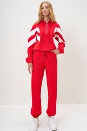 Trend Alaat Stili Women's Red Hooded Half Zippered Sweatshirt and Elastic Leg Tracksuit Set
