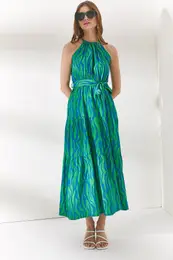 Women's Zebra Green Barter Neck Belted Woven Viscon Dress