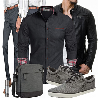 Wolle-seide Outfit mit Schwarz Jacke mit Seitlichem Reißverschluss/Motorradjacke/KunstLederjacke/Bikerjacke Redbridge "Freizeit Kleidung"