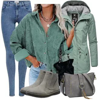 Oversize Outfit mit Grau/Hellgrau/Braun/Beige Winter Stiefelette/Chelsea Boot/Gefütterte Stiefelette/Wasserdichter Stiefel/Flache Stiefelette/Herren Lederschuhe/Lederjacke/Gummistiefelette/Wasserfester Schuh Rieker "Herbstlicher Look"Look: Smart Casual, Trendige, Unisex, Safari, Sportlich, Duckfeet, Moderne, Workwear, Oversize