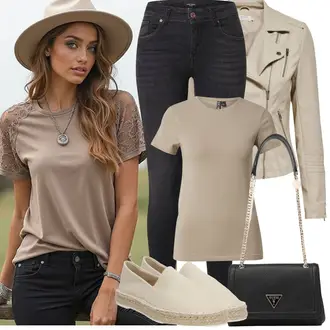 Krásný Outfit s Béžová/Khaki/Hnědá Motorkářské Bund/Kožené Bund Bunda z Umělé Kůže/Bunda s Bočním Zipem/Kožené Bund/Motorkářská bunda Only "Jarní Outfit"Look: Šik, Moderní, Krásný, Univerzitní