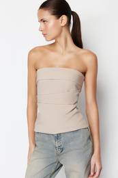 Mink Strapless Fitted Draped Woven Blouse