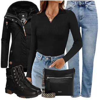 Schlichte Outfit mit Hellblau/Blau Straight Leg Jean/Formelles Hemd/Winterjacke/Jeans mit Schlitz/Vintage Jeans/Dad Jeans/Girlfriend Jeans/Tapered-Jeans/Boyfriend Jean/Mom Jean Only "Outfit Für Den Herbst"Look: Boyfriend, Vintage, Classic, Schlichte, Casual, 50er Jahre, Retro, Elegant, Trendige, Premium