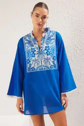 Blue-Multicolored Ethnic Relaxed Mini Weaving 100% Polyester Dress