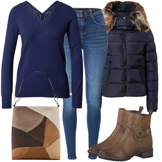 Kombinacije za zimu Kate sa Plava/Tamnoplava/Svjetloplava Kožna Jakna/Traperice s Prorezom/Traperice s Rupom/High Waist Traperice/Push-up Traperice/Kožne jakne/Slip-on Traperice/Čizma do Gležnja/Kožne Cipele Pieces "Zimski outfit"