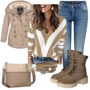 Outfit mit Beige/Braun/Khaki Trachtenstrickjacke/Herbstjacke/Winterjacke/Parka-übergangsjacke/Winter Parka/Kapuzenjacke Navahoo "Trendiger Winterlook"