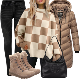 Winter Outfits Groß Viskose mit Beige/Braun Rundhals Pullover/Oversized Pullover LILLUSORY "Modisches Winter Outfit"