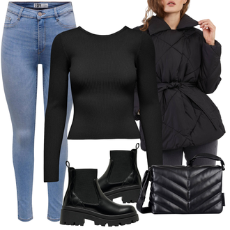Outfity z džínu Zima s Světle modrá/Modrá Kožená bunda/Push up Džín/Kožené Boty/Zimní bunda/Džíny s Rozparkem/Slim Fit Džíny/High Waist Džínové Kalhoty/Kožená Pánská Bund JdY "Zimní look"