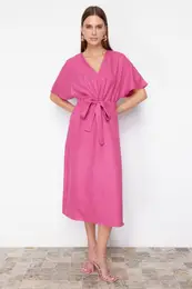 Fuchsia Tie Detailed A-Line V-Neck Midi Woven Dress