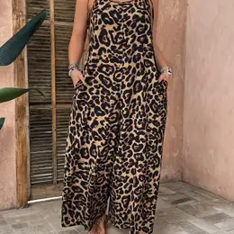 Women's Plus Size Leopard Print Jumpsuit - J644, Elegant Neck Knit Fabric With Stretch, 100% Polyester, Slingback With Pockets, 165 G/m² Weight