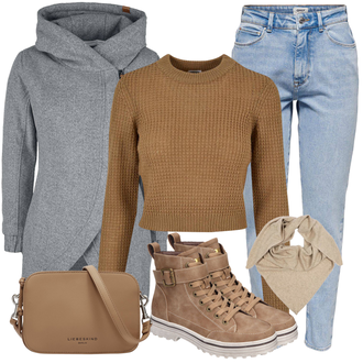 Outfit mit Beige/Braun/Weiß/Khaki/Grau Tuch/Loop Schal/Bandana/Schal Zwillingsherz "Modisches Freizeit Outfit"
