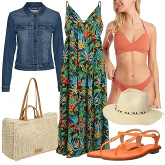 Festlich Outfit mit Dunkelgrün/Blau/Grün Strandkleid/Boho Kleid Sommer/Langes Sommerkleid/Maxikleid/Bedrucktes Kleid Vila "Strand Outfit"Look: Rap, Festlich, Boho, Hippie, Jazz, Dschungel, Mom