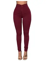 Jueshanzj Damen High-Waist Stretch Röhrenjeans Lässige Hosen Wein Rot M