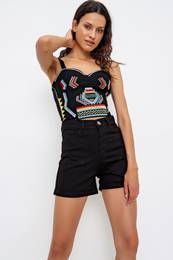 Trend Alaat Stili Women's Black Double Leg High Waist Denim Shorts