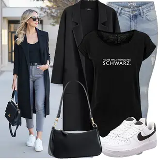 Ausgefallene Ab 50 Outfit mit Schwarz/Weiß/Beige Schulranzen/Schultertasche/Baguette-Tasche/Schultertasche "Praktischer Look"Look: Classic, Moderne, Rap, Premium, Stil, Empire, Schick, Elegant, Edel, Ausgefallene, 20er Jahre, Feine