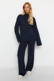 Navy Blue Wool Gradient Knitwear Top-Top Set