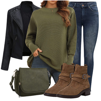Echtleder Outfit mit Dunkelgrün/Braun/Khaki/Beige/Grau Stiefel Tamaris "Freizeit Bekleidung"