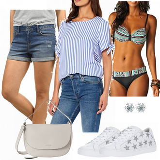 Outfit mit Blau/Türkis/Dunkelblau Push-up Tankini/Bandeau Badeanzug/Cut Out Bikini/High-waisted Bikini/Balconette-Bikini/Bustier Bikini/Wattierter Bikini/Bandeau-Bikini Dokotoo "Cartoon Damen Bluse"