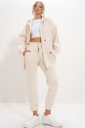 Trend Alaat Stili Women's Cream Hooded Kangaroo Pocket 3 Yarn Inside Raised Tracksuit