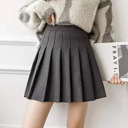 Winterrock Frauen solide hohe Taille Plissee Minirock Schule A Linie Beige Grau Schwarz Braun Dunkelgrau Grey_M