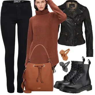 Outfit mit Schwarz/Dunkelbraun/Grau/Dunkelgrün Mantel/Bikerjacke/KunstLederjacke/Lederjacke/Motorradjacke/Vintage Lederjacke Oakwood "Perfekt für die Freizeit"