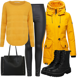 Plateau Mit Absatz Outfit mit Schwarz Stiefel Biker Boot/SchnürStiefel/SpringerStiefel Mustang "Trendiges Herbst Outfit"