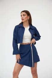 Navy Blue Cotton Front Stripe Detailed Shirt-Shorts Skirt Set