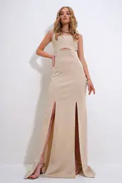 Trend Alaat Stili Women's Beige Adjustable Strap Out Cut Slit Graduation Dress