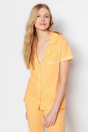 Peach 100% Cotton Piping Detailed Polka Dot Shirt-Pants Knitted Pajama Set
