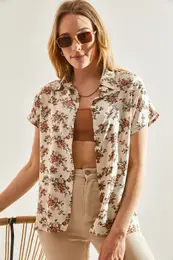 Women's Floral Patterned Short Sleeve Viscose Shirt