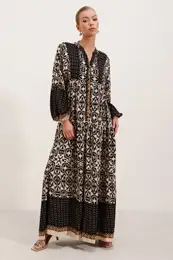 Women's Black Beige Patterned Viscose Dress 2423