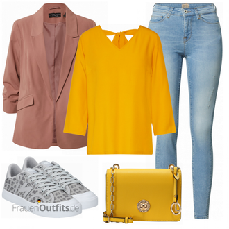 Outfit mit Blau/Hellblau/Braun Lederjacke/High Waist Jeans/Jeans mit Schlitz/Push up Jeans/Schlupfjeans/Leder Schuhe/Herren Lederjacke Only "Modisches Frühling Outfit"