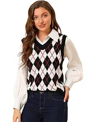Allegra K Damen Pullunder Kariert Ärmellos V-Ausschnitt Argyle Strick Weste Schwarz M