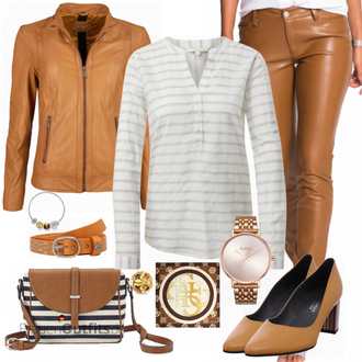 Outfit mit Gelb/Braun/Beige Mantel/KunstLederjacke/Jacke mit Seitlichem Reißverschluss/Leder Bomberjacke/Lederjacke/Vintage Lederjacke Maze "Cognac Outfit"