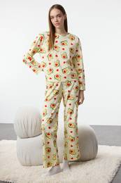 Green-Multicolored 100% Cotton Avocado and Heart Knitted Pajama Set