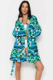 Floral Pattern Belted Mini Woven 100% Cotton Kimono & Kaftan