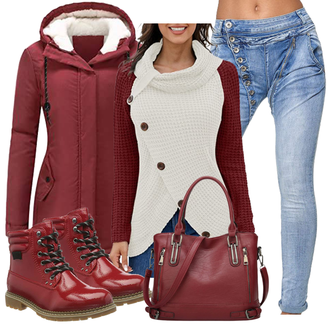 Motorrad Outfit mit Rot/Bordeaux/Dunkelrot Pullover mit Stehkragen/2-in-1 Pullover/Thermo Pullover/WinterPullover/Pullover mit Reißverschluss "Outfit Für Den Herbst"Look: Jagd, Motorrad, Angeln, Fitness, Berg­steigen, Wandern, Trekking, Skate, Apres ski