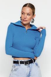 Blue Crop Zip Detail Pleten svetr