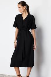 Black Tie Detailed A-line V-neck Midi Woven Dress
