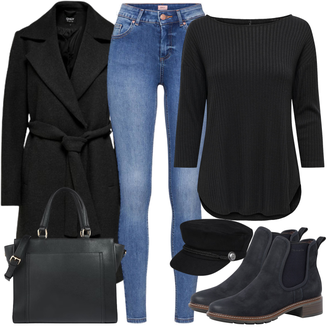 Šik Outfit sa Crna/Tamnosiva Vuneni Kaput/Midi Kaput/Zimski Kaput Vuneni kaput/loden kaput/Kaput od Kašmira Only "Praktičan look"Look: klasický, Preodjeven, Old Money, Ured, moderne, Pametno ležerno, Šik, cool, Poslovni