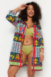 Curve Multicolored Ethnic Patterned Woven Beachwear Plus Size Shirt