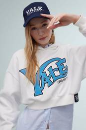 Cool Yale University Oversize Wide Pattern Hooded Crop Sweatshirt