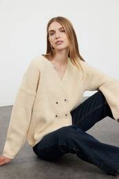 Stone Soft Textured Double Breasted Knitwear Cardigan