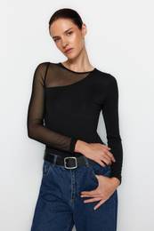Black Tulle Detailed Stretchy Knitted Bodysuit